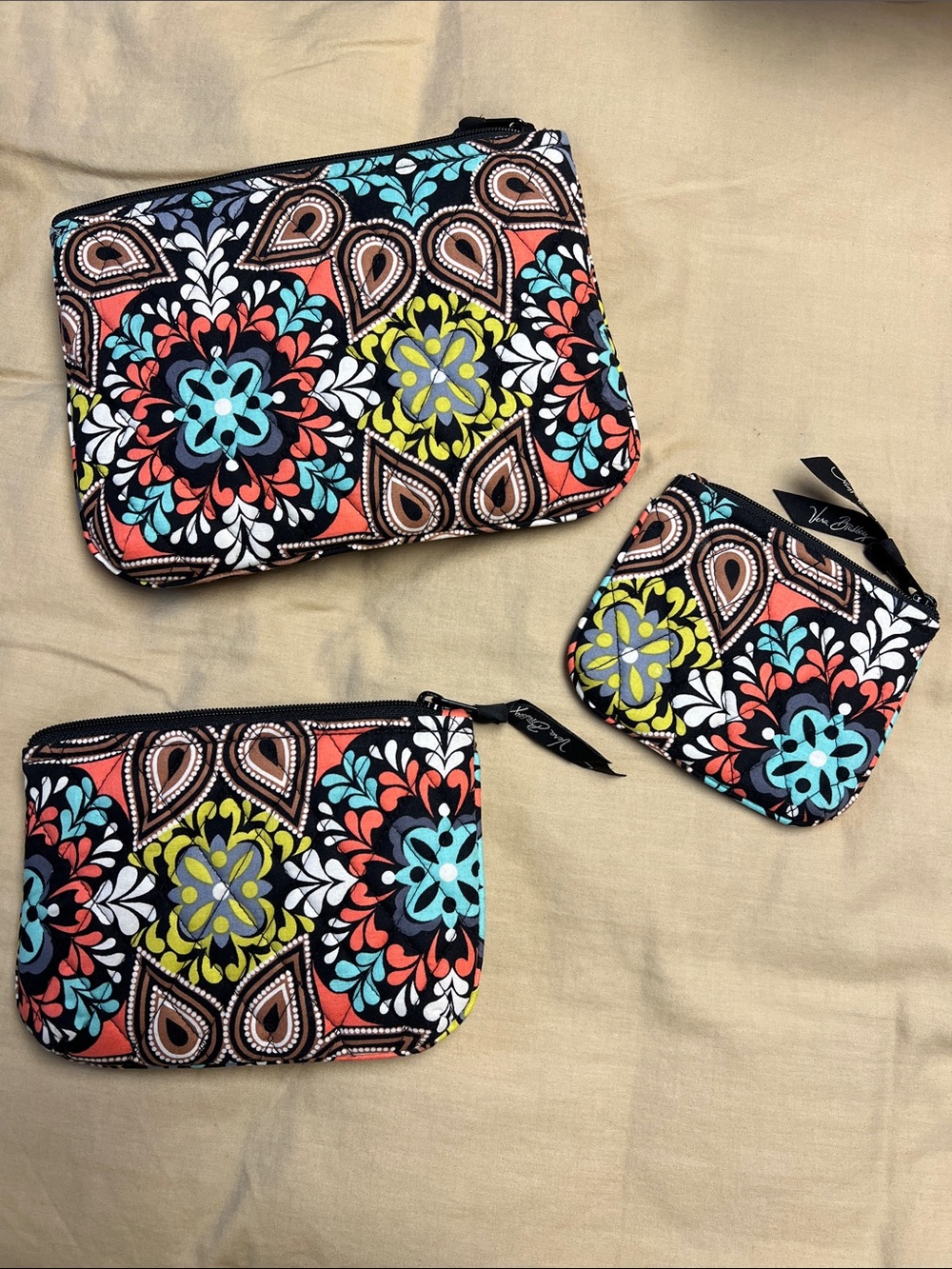 Vera Bradley Quilted Pouch Set in Black with Coral, Aqua & Lime Floral Print